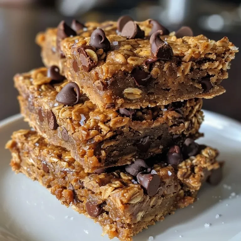 ['Close-up of a side view of oatmeal chocolate chip bars, showcasing their chewy texture and visible chocolate chips.', 'Juicy oatmeal chocolate chip bars photographed from the side, highlighting the layers and ingredients.', 'Detailed side view of a stack of oatmeal chocolate chip bars with chocolate chips sprinkled on top.', 'A close-up image of oatmeal chocolate chip bars with a glistening finish, featuring chunks of chocolate.']