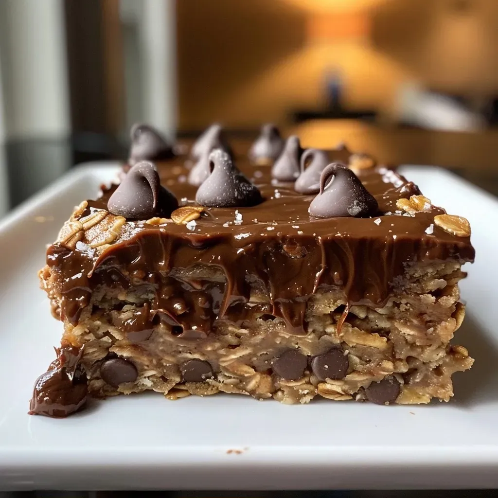 Close-up of a side view of oatmeal chocolate chip bars, showcasing their chewy texture and visible chocolate chips.