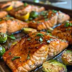 ['Close-up of juicy maple-glazed salmon with roasted Brussels sprouts and fingerling potatoes on a plate.', 'Side view photo of a one-pan dinner featuring salmon fillets, Brussels sprouts, and halved fingerling potatoes.', 'Appetizing shot of maple-glazed salmon surrounded by roasted vegetables, highlighting their vibrant colors.', 'Tasty one-pan meal showcasing golden salmon, crisp Brussels sprouts, and tender fingerling potatoes.']