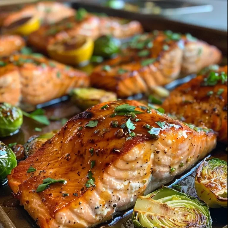 ['Close-up of juicy maple-glazed salmon with roasted Brussels sprouts and fingerling potatoes on a plate.', 'Side view photo of a one-pan dinner featuring salmon fillets, Brussels sprouts, and halved fingerling potatoes.', 'Appetizing shot of maple-glazed salmon surrounded by roasted vegetables, highlighting their vibrant colors.', 'Tasty one-pan meal showcasing golden salmon, crisp Brussels sprouts, and tender fingerling potatoes.']