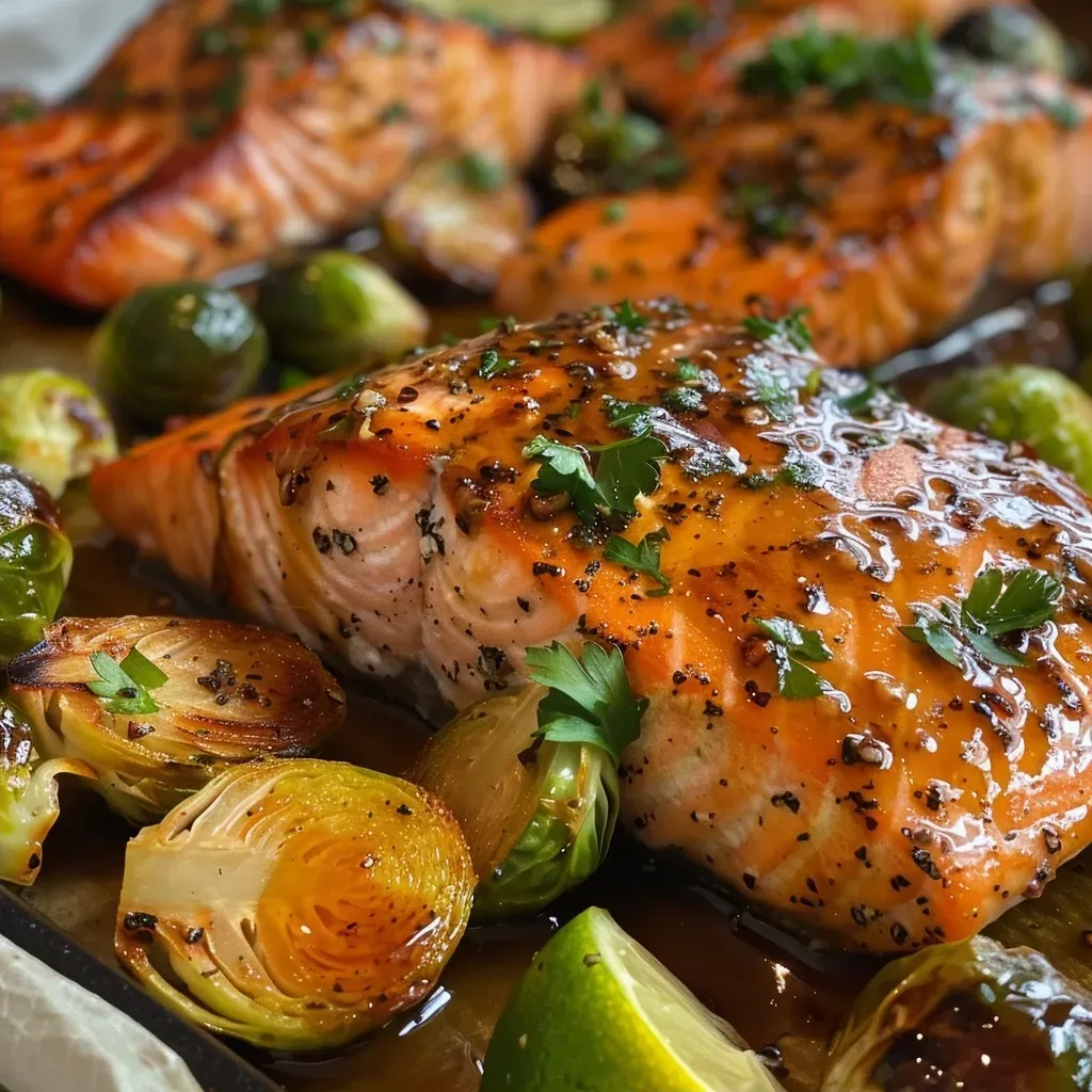 ['Close-up of juicy maple-glazed salmon with roasted Brussels sprouts and fingerling potatoes on a plate.', 'Side view photo of a one-pan dinner featuring salmon fillets, Brussels sprouts, and halved fingerling potatoes.', 'Appetizing shot of maple-glazed salmon surrounded by roasted vegetables, highlighting their vibrant colors.', 'Tasty one-pan meal showcasing golden salmon, crisp Brussels sprouts, and tender fingerling potatoes.']