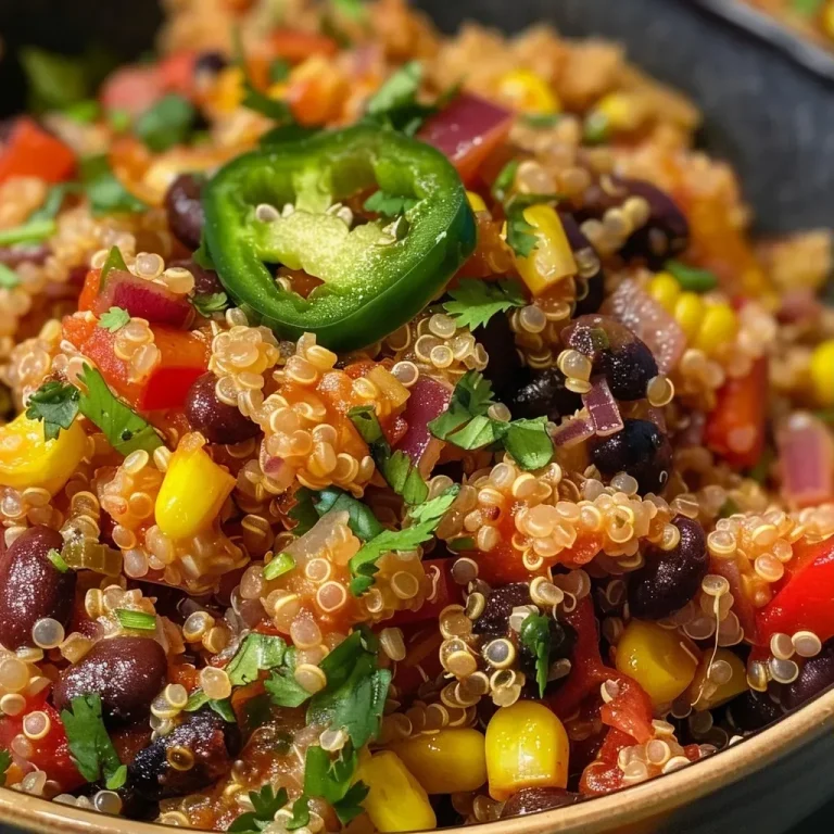 ['Close-up of One Pan Mexican Quinoa with colorful vegetables.', 'Juicy One Pan Mexican Quinoa in a dish with beans, corn, and peppers.', 'Side view of a vibrant One Pan Mexican Quinoa topped with cilantro.', 'Detailed shot of One Pan Mexican Quinoa featuring red pepper and jalapeno.']