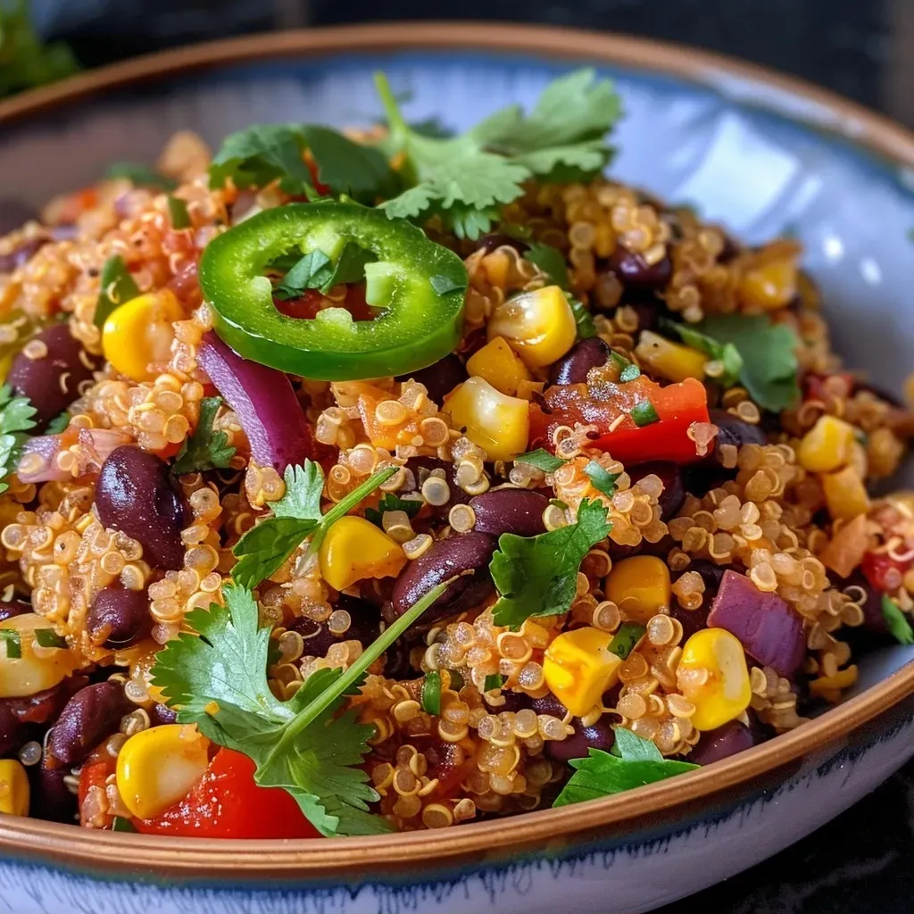 ['Close-up of One Pan Mexican Quinoa with colorful vegetables.', 'Juicy One Pan Mexican Quinoa in a dish with beans, corn, and peppers.', 'Side view of a vibrant One Pan Mexican Quinoa topped with cilantro.', 'Detailed shot of One Pan Mexican Quinoa featuring red pepper and jalapeno.']