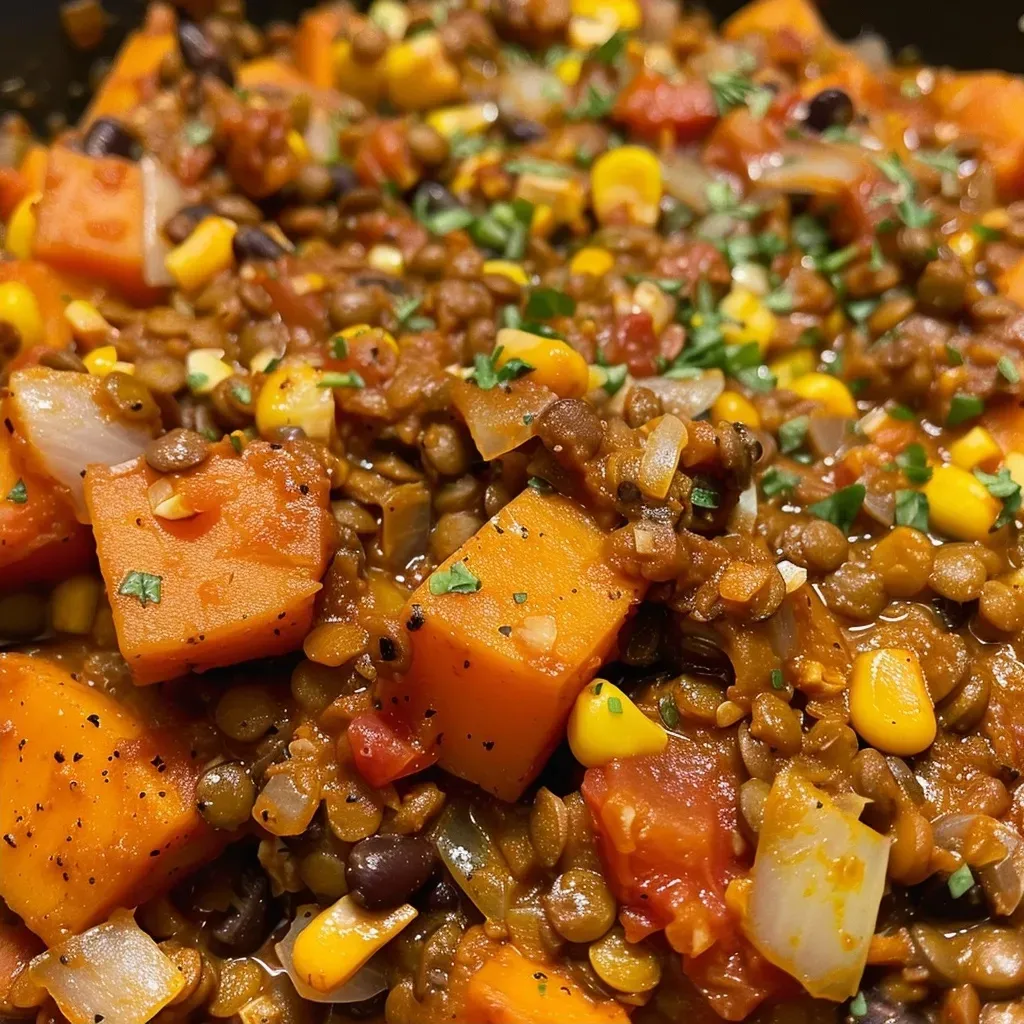 ['Close-up of a bowl filled with One Pot Mexican Lentils topped with melted cheddar cheese.', 'A vibrant dish of One Pot Mexican Lentils showcasing diced sweet potatoes and black beans.', 'Side view of a warm serving of One Pot Mexican Lentils, with colorful ingredients visible.', 'A delicious serving of One Pot Mexican Lentils, featuring a mix of lentils, corn, and spices.']