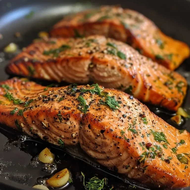 ['Juicy pan-seared salmon fillet with a crispy skin, garnished with herbs.', 'Close-up of a perfectly cooked salmon fillet, glistening with melted butter and lemon.', 'Side view of tender pan-seared salmon, with garlic and fresh herbs on top.', 'Delicious salmon fillet with a golden-brown crust, served with lemon and herbs.']