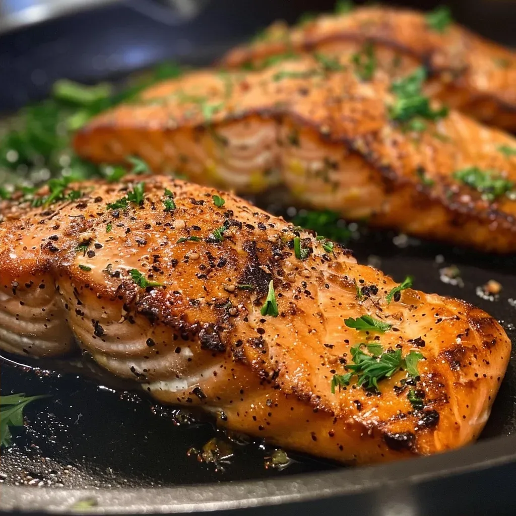 ['Juicy pan-seared salmon fillet with a crispy skin, garnished with herbs.', 'Close-up of a perfectly cooked salmon fillet, glistening with melted butter and lemon.', 'Side view of tender pan-seared salmon, with garlic and fresh herbs on top.', 'Delicious salmon fillet with a golden-brown crust, served with lemon and herbs.']