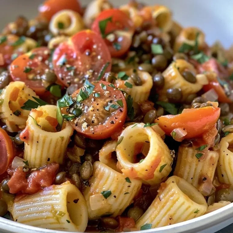 ['Close-up of a bowl of pasta with lentils, highlighting the vibrant colors and textures.', 'Side view of a delicious pasta dish featuring lentils and cherry tomatoes.', 'Juicy pasta mixed with brown lentils, garnished with fresh ingredients.', 'A detailed look at a hearty serving of pasta and lentils, showcasing its ingredients.']