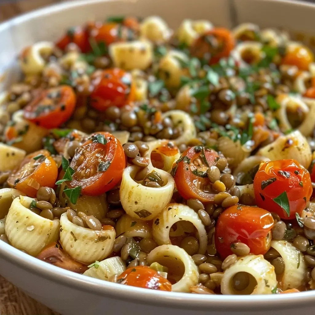 ['Close-up of a bowl of pasta with lentils, highlighting the vibrant colors and textures.', 'Side view of a delicious pasta dish featuring lentils and cherry tomatoes.', 'Juicy pasta mixed with brown lentils, garnished with fresh ingredients.', 'A detailed look at a hearty serving of pasta and lentils, showcasing its ingredients.']