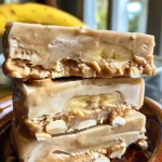 ['Close-up of creamy peanut butter banana frozen yogurt bars showing a smooth texture and banana slices.', 'Side view of peanut butter banana frozen yogurt bars on a wooden surface, highlighting their rich color.', 'Delicious peanut butter banana frozen yogurt bars with visible layers of yogurt and peanut butter.', 'Tasty frozen yogurt bars with slices of banana, emphasizing their creamy consistency and appealing look.']