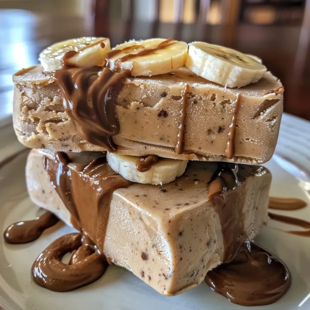 ['Close-up of creamy peanut butter banana frozen yogurt bars showing a smooth texture and banana slices.', 'Side view of peanut butter banana frozen yogurt bars on a wooden surface, highlighting their rich color.', 'Delicious peanut butter banana frozen yogurt bars with visible layers of yogurt and peanut butter.', 'Tasty frozen yogurt bars with slices of banana, emphasizing their creamy consistency and appealing look.']