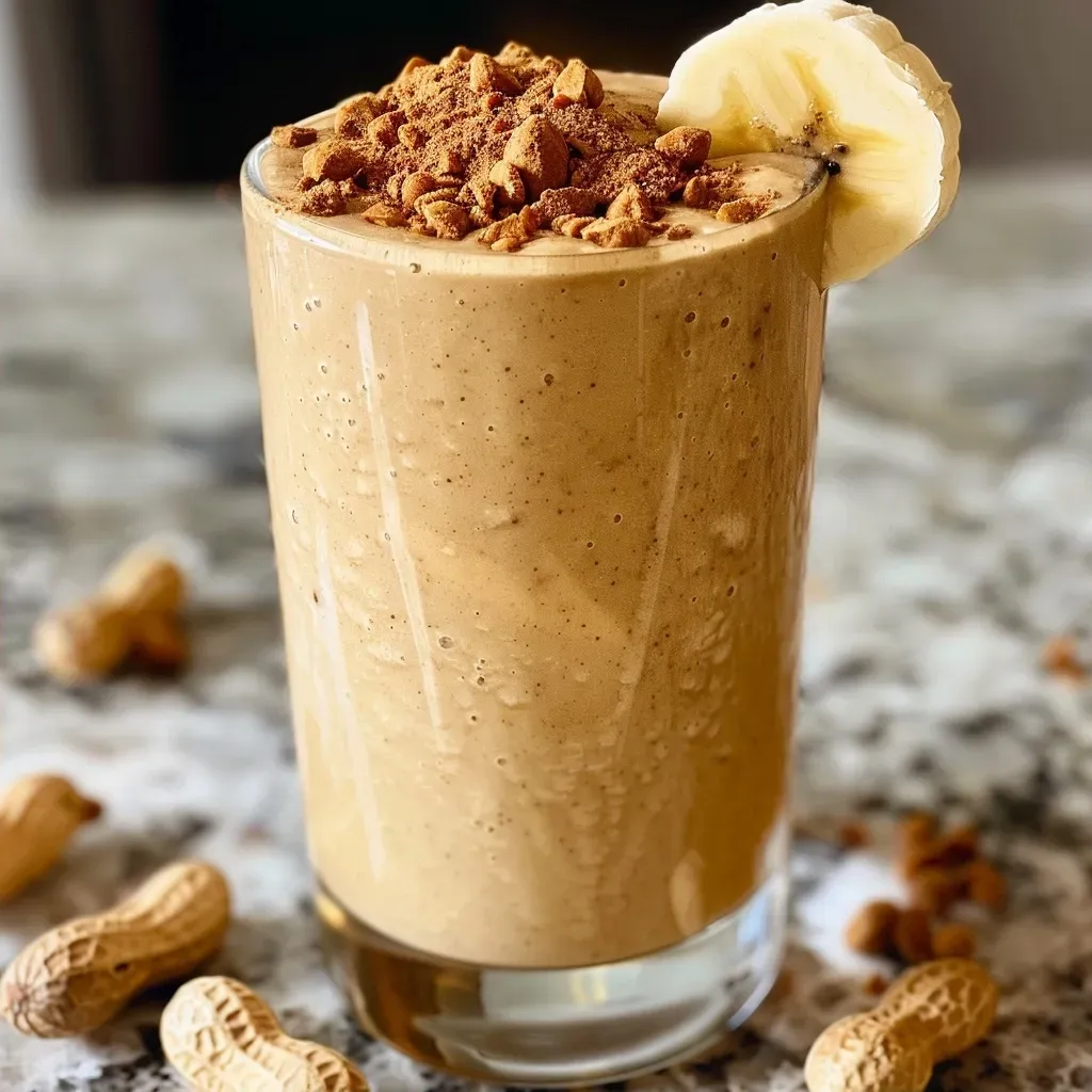 ['A creamy peanut butter smoothie in a clear glass, garnished with banana slices.', 'Close-up side view of a peanut butter protein smoothie with a rich, thick consistency.', 'A delicious peanut butter smoothie with ice cubes, presented in a stylish glass.', 'Refreshing peanut butter smoothie topped with a swirl of peanut butter and surrounded by ingredients.']