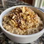 ['A close-up side view of a bowl of protein oatmeal topped with fresh fruits and nuts.', 'A detailed shot of creamy protein oatmeal in a bowl, showcasing its texture and ingredients.', 'A vibrant view of protein oatmeal with a sprinkle of protein powder and a drizzle of honey.', 'A moist serving of protein oatmeal placed on a wooden table, highlighting its inviting appearance.']