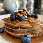 ['Close-up side view of fluffy protein pancakes topped with fresh blueberries and a drizzle of maple syrup.', 'Delicious protein pancakes made with almond meal and cottage cheese, garnished with Greek yogurt and blueberries.', 'A stack of golden protein pancakes with a dollop of Greek yogurt, blueberries, and syrup, captured at an appealing angle.', 'Savory protein pancakes served on a plate, showcasing their fluffy texture and vibrant blueberry toppings.']