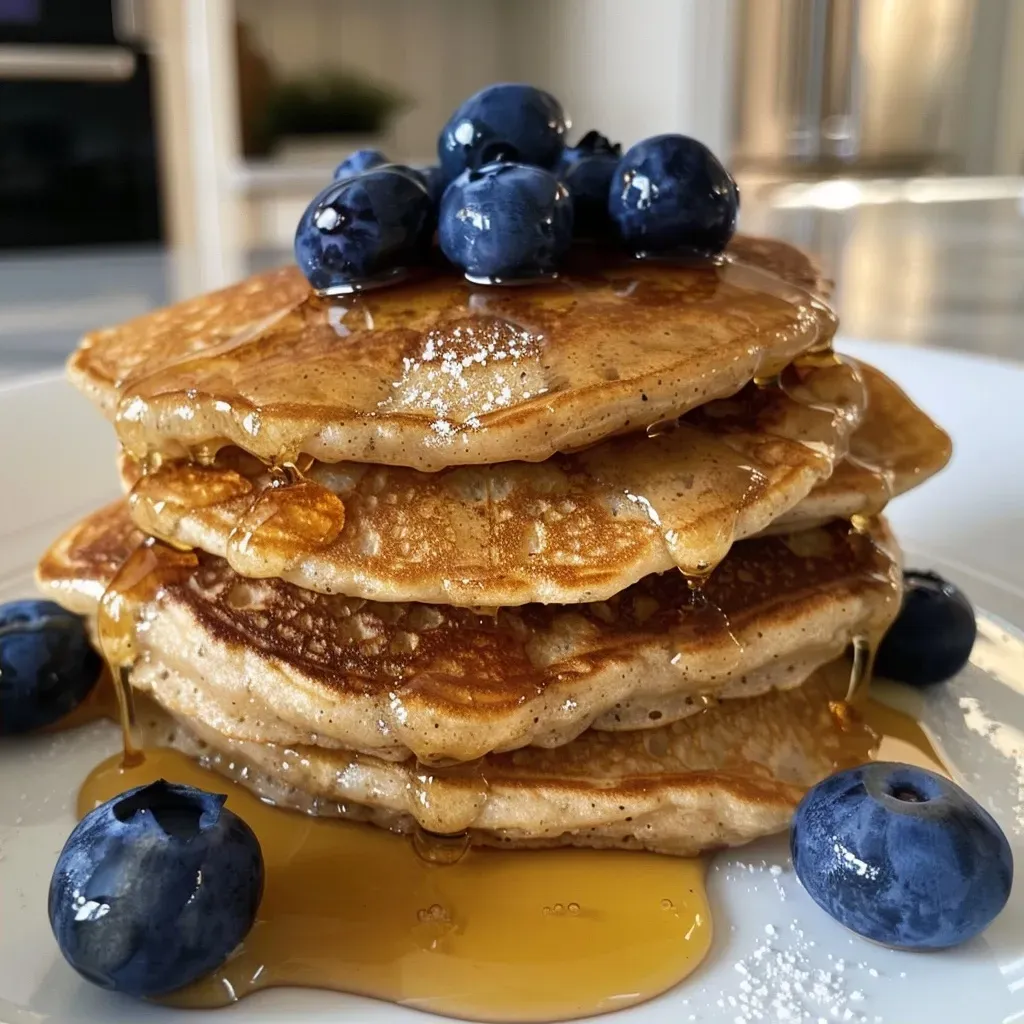 ['Close-up side view of fluffy protein pancakes topped with fresh blueberries and a drizzle of maple syrup.', 'Delicious protein pancakes made with almond meal and cottage cheese, garnished with Greek yogurt and blueberries.', 'A stack of golden protein pancakes with a dollop of Greek yogurt, blueberries, and syrup, captured at an appealing angle.', 'Savory protein pancakes served on a plate, showcasing their fluffy texture and vibrant blueberry toppings.']