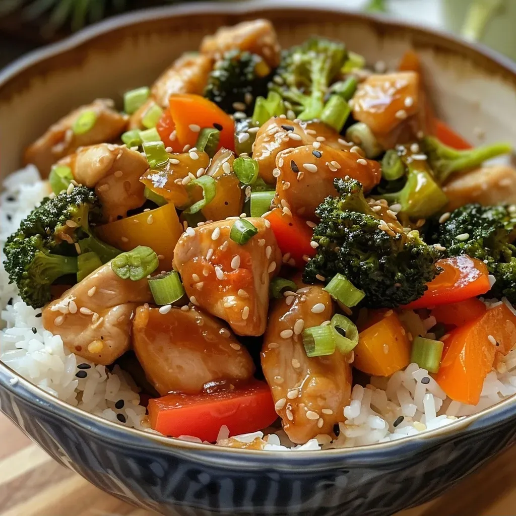 ['Close-up view of a colorful chicken stir fry in a skillet, showcasing vibrant vegetables and juicy chicken.', 'Side view of a healthy chicken stir fry with broccoli, bell peppers, and carrots in a black skillet.', 'Appetizing stir fry meal highlighting diced chicken, green onions, and sesame seeds on top.', 'Detailed close-up of a stir fry featuring vibrant ingredients like broccoli and carrots mixed with chicken.']