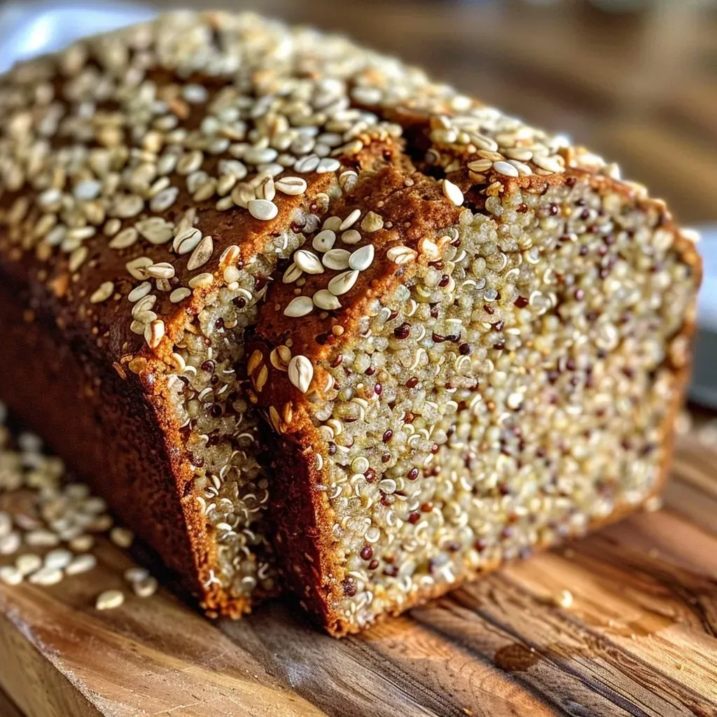 ['A close-up view of freshly baked quinoa bread, showcasing its texture and golden crust.', 'Side perspective of a loaf of quinoa bread, highlighting its moist interior and seed topping.', 'Detailed image of quinoa bread with visible seeds, emphasizing its homemade appearance.', 'Quinoa bread captured from the side, revealing its fluffy texture and artisanal crust.']