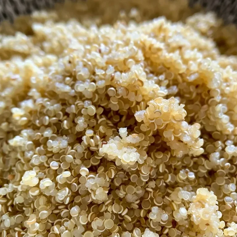 ['Close-up view of quinoa flour in a bowl with a smooth texture.', 'Side angle of fluffy quinoa flour with grains visible, set on a rustic table.', 'Detailed shot of freshly made quinoa flour, highlighting its light color and fine consistency.', 'Close-up photo of quinoa flour spilling from a measuring cup, emphasizing its fine texture.']
