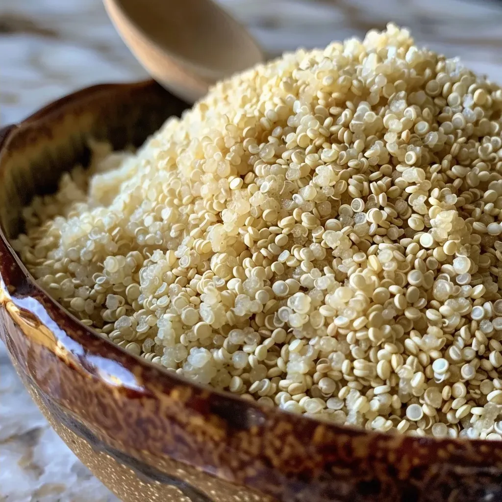['Close-up view of quinoa flour in a bowl with a smooth texture.', 'Side angle of fluffy quinoa flour with grains visible, set on a rustic table.', 'Detailed shot of freshly made quinoa flour, highlighting its light color and fine consistency.', 'Close-up photo of quinoa flour spilling from a measuring cup, emphasizing its fine texture.']
