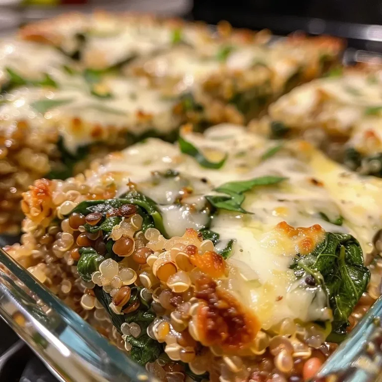 ['Close-up side view of a quinoa lentil spinach bake with melted cheese on top.', 'A delicious quinoa lentil bake featuring spinach, cheese, and herbs, captured from the side.', 'Juicy quinoa and lentil bake with fresh spinach and golden melted cheese, shown in close-up.', 'Side view of a savory quinoa lentil bake, highlighting spinach and a cheesy crust.']