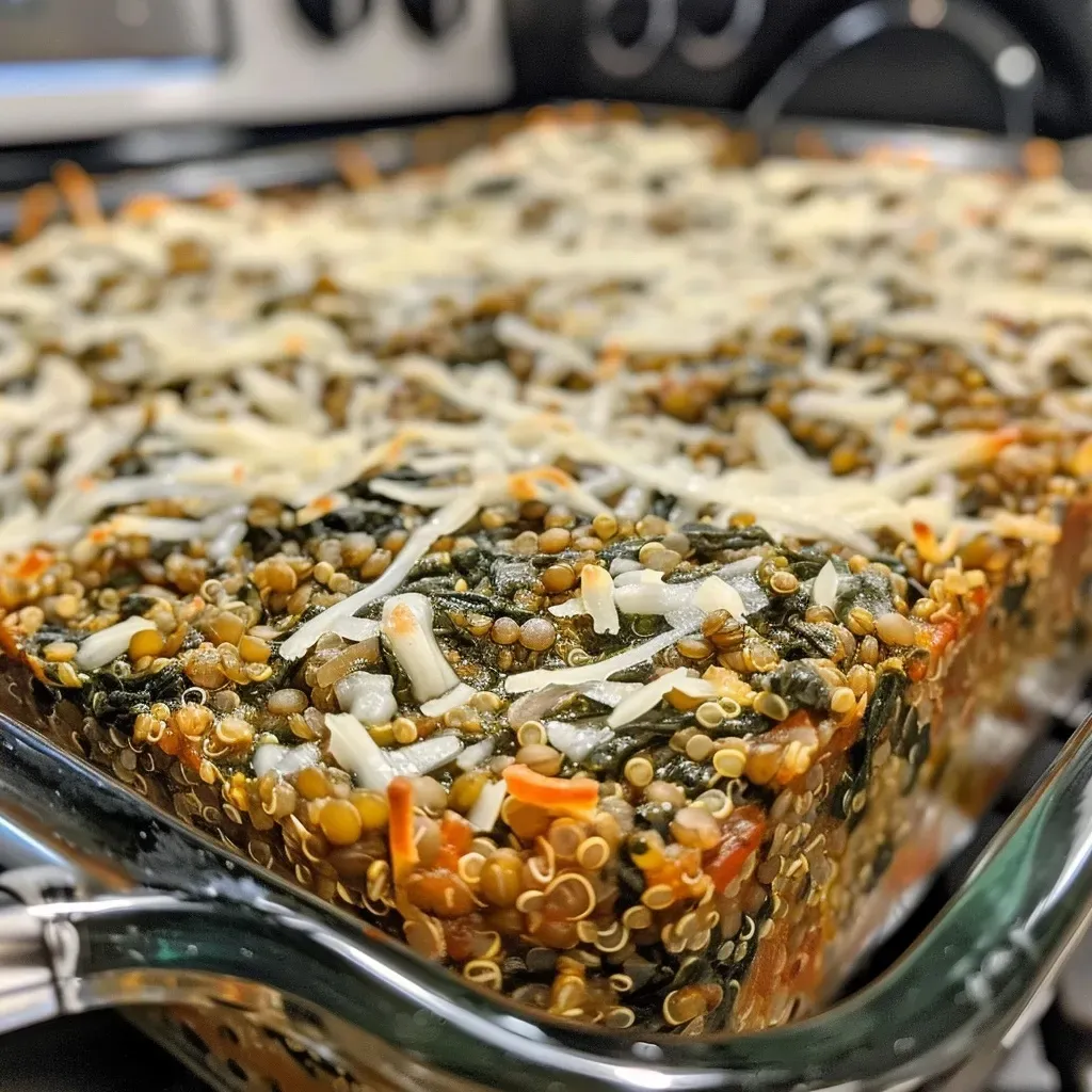 ['Close-up side view of a quinoa lentil spinach bake with melted cheese on top.', 'A delicious quinoa lentil bake featuring spinach, cheese, and herbs, captured from the side.', 'Juicy quinoa and lentil bake with fresh spinach and golden melted cheese, shown in close-up.', 'Side view of a savory quinoa lentil bake, highlighting spinach and a cheesy crust.']