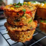 ['Close-up view of golden-brown quinoa muffins with colorful vegetable bits.', 'Side view of moist quinoa muffins showcasing a colorful mix of vegetables and cheese.', 'Appetizing quinoa muffins with a crusty exterior and visible chopped vegetables.', 'Juicy quinoa muffins displayed on a surface, highlighting their fluffy texture and ingredients.']