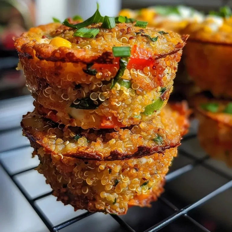 ['Close-up view of golden-brown quinoa muffins with colorful vegetable bits.', 'Side view of moist quinoa muffins showcasing a colorful mix of vegetables and cheese.', 'Appetizing quinoa muffins with a crusty exterior and visible chopped vegetables.', 'Juicy quinoa muffins displayed on a surface, highlighting their fluffy texture and ingredients.']