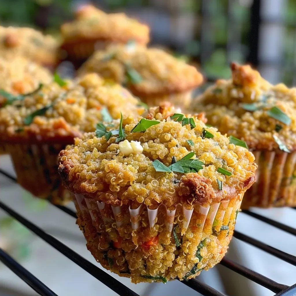 ['Close-up view of golden-brown quinoa muffins with colorful vegetable bits.', 'Side view of moist quinoa muffins showcasing a colorful mix of vegetables and cheese.', 'Appetizing quinoa muffins with a crusty exterior and visible chopped vegetables.', 'Juicy quinoa muffins displayed on a surface, highlighting their fluffy texture and ingredients.']