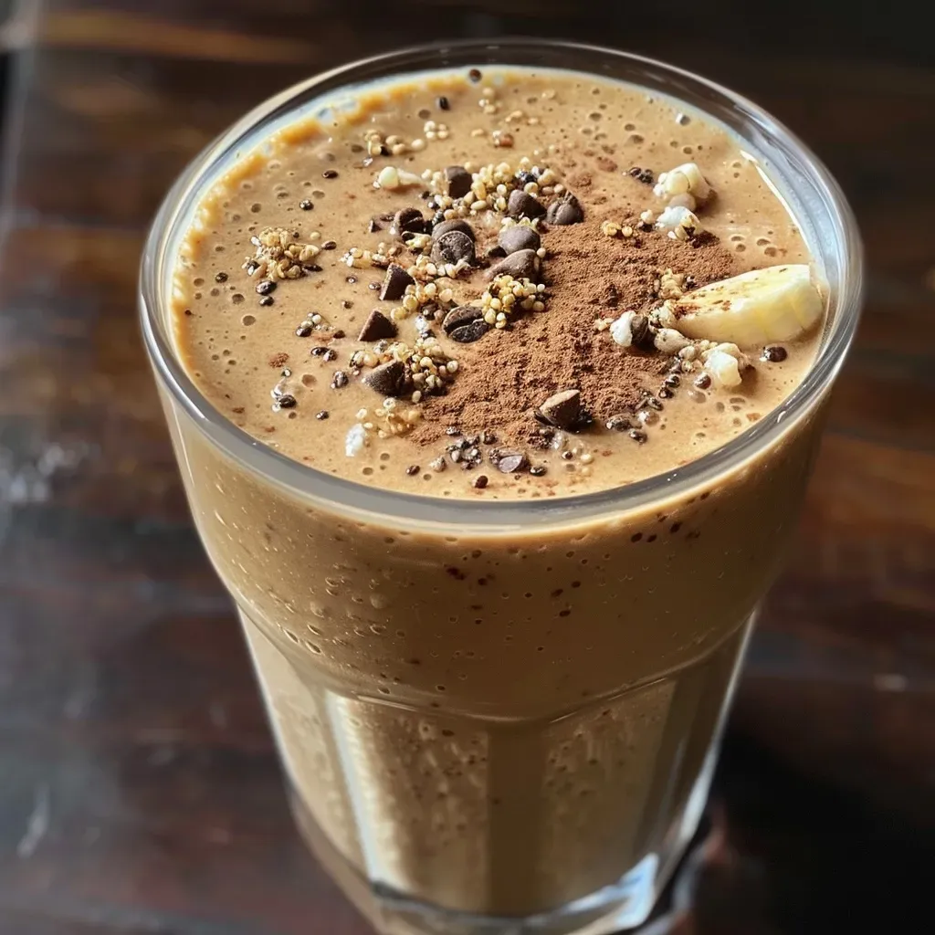 ['Close-up of a delicious quinoa smoothie with coffee, showcasing its creamy texture and rich color.', 'Side view of a refreshing quinoa smoothie blended with coffee, highlighting the frothy top and ingredients.', 'Inviting bowl of quinoa smoothie with coffee, garnished with a sprinkle of cinnamon, looking appetizing.', 'Creamy coffee quinoa smoothie in a glass, with visible chunks of banana and a velvety finish.']