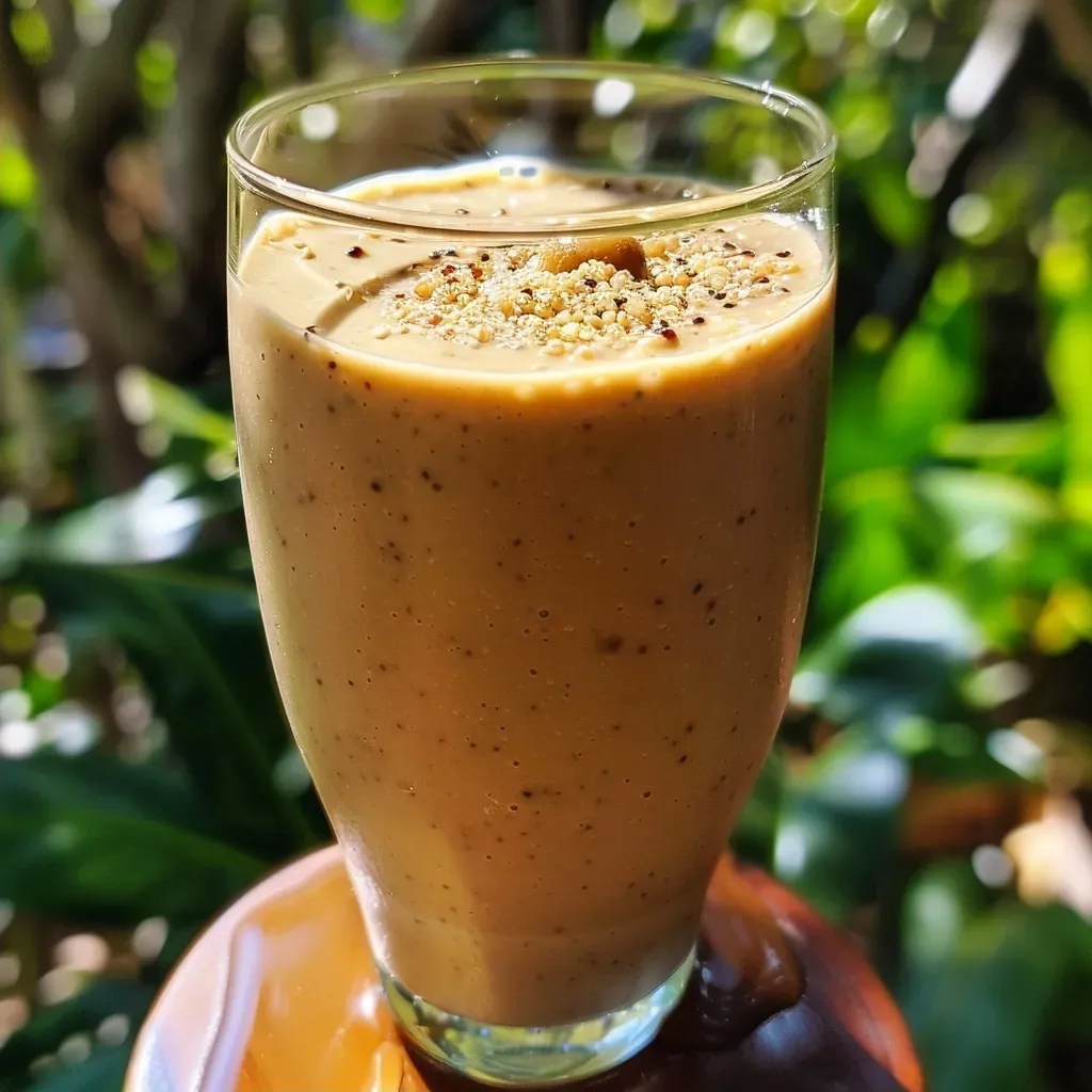 ['Close-up view of a vibrant quinoa smoothie in a glass with bananas and spices.', 'Side view of a creamy quinoa smoothie with ingredients arranged around it.', 'Thick quinoa smoothie in a transparent cup, featuring banana slices on top.', 'Rich and colorful quinoa smoothie with ice cubes and garnished with cinnamon.']