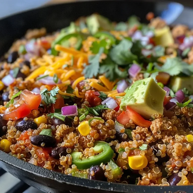 ['A close-up of a colorful quinoa taco skillet with vegetables and cheese.', 'Side view of a hearty quinoa taco skillet filled with bright veggies and melted cheese.', 'A delicious quinoa taco skillet featuring corn, beans, and garnishes.', 'A vibrant dish of quinoa taco skillet loaded with toppings viewed from the side.']