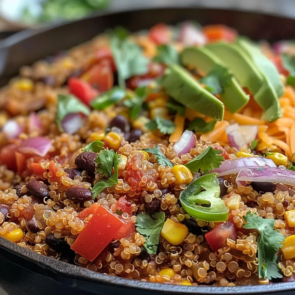 ['A close-up of a colorful quinoa taco skillet with vegetables and cheese.', 'Side view of a hearty quinoa taco skillet filled with bright veggies and melted cheese.', 'A delicious quinoa taco skillet featuring corn, beans, and garnishes.', 'A vibrant dish of quinoa taco skillet loaded with toppings viewed from the side.']