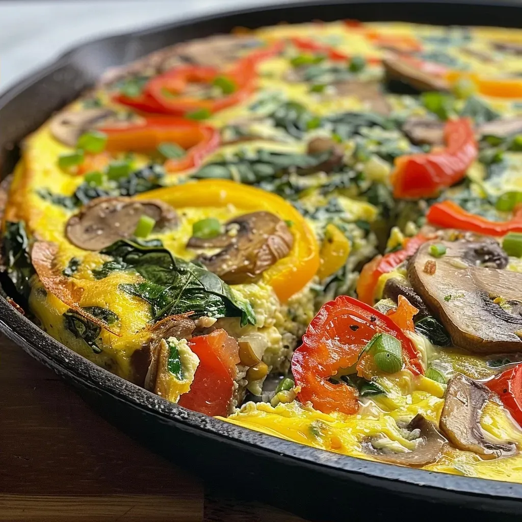 ['Close-up of a colorful rainbow frittata with vibrant vegetables.', 'Side view of a juicy rainbow frittata showcasing layered ingredients.', 'Detailed image of a frittata featuring bell peppers, spinach, and mushrooms.', 'Colorful sliced frittata with assorted vegetables and cheese glistening.']