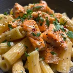 ['Close-up view of a plate of salmon pasta with a garnish of parsley.', 'Side view of creamy salmon pasta dish topped with parmesan and herbs.', 'Juicy salmon pieces mixed with penne pasta in a savory sauce.', 'Freshly cooked salmon pasta served in a bowl, showcasing its vibrant colors.']