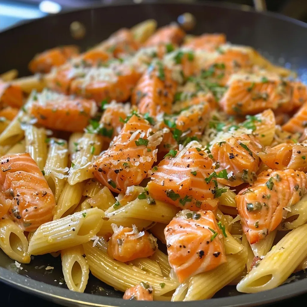 ['Close-up view of a plate of salmon pasta with a garnish of parsley.', 'Side view of creamy salmon pasta dish topped with parmesan and herbs.', 'Juicy salmon pieces mixed with penne pasta in a savory sauce.', 'Freshly cooked salmon pasta served in a bowl, showcasing its vibrant colors.']