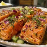 ['A close-up view of a colorful salmon salad featuring bright greens and pink salmon.', 'A vibrant plate of salmon salad with diced red onion, celery, and a creamy dressing.', 'Fresh salmon salad displayed with herbs and vegetables, highlighting its texture and ingredients.', 'A side view of a juicy salmon salad, showcasing the freshness of its components.']