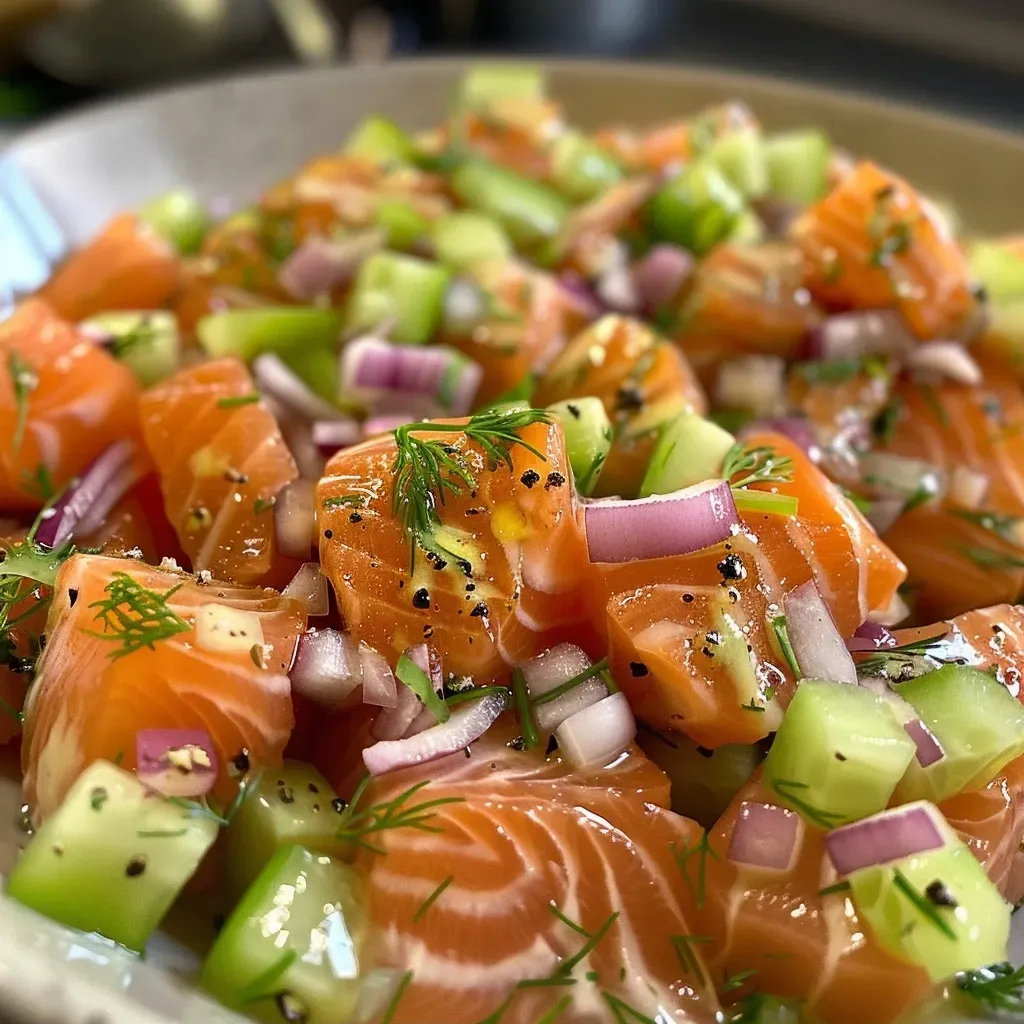 ['A close-up view of a colorful salmon salad featuring bright greens and pink salmon.', 'A vibrant plate of salmon salad with diced red onion, celery, and a creamy dressing.', 'Fresh salmon salad displayed with herbs and vegetables, highlighting its texture and ingredients.', 'A side view of a juicy salmon salad, showcasing the freshness of its components.']