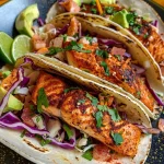 ['Close-up of juicy salmon tacos garnished with cabbage and cilantro.', 'Side view of colorful salmon tacos with lime wedges and avocado slices.', 'Delicious salmon tacos filled with fresh ingredients and served on tortillas.', 'Appetizing salmon tacos showcasing vibrant toppings and a slice of lime.']