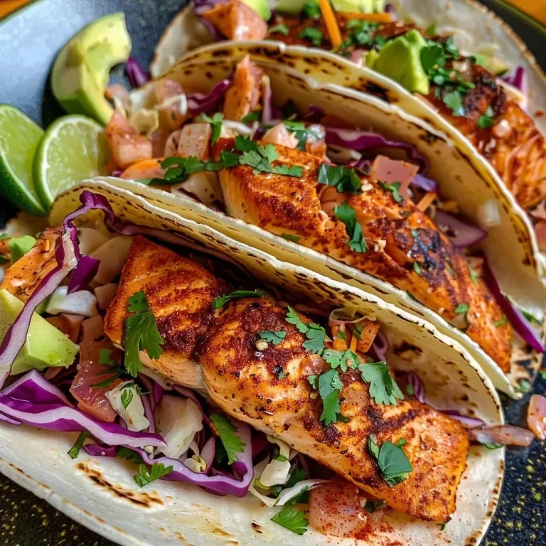['Close-up of juicy salmon tacos garnished with cabbage and cilantro.', 'Side view of colorful salmon tacos with lime wedges and avocado slices.', 'Delicious salmon tacos filled with fresh ingredients and served on tortillas.', 'Appetizing salmon tacos showcasing vibrant toppings and a slice of lime.']