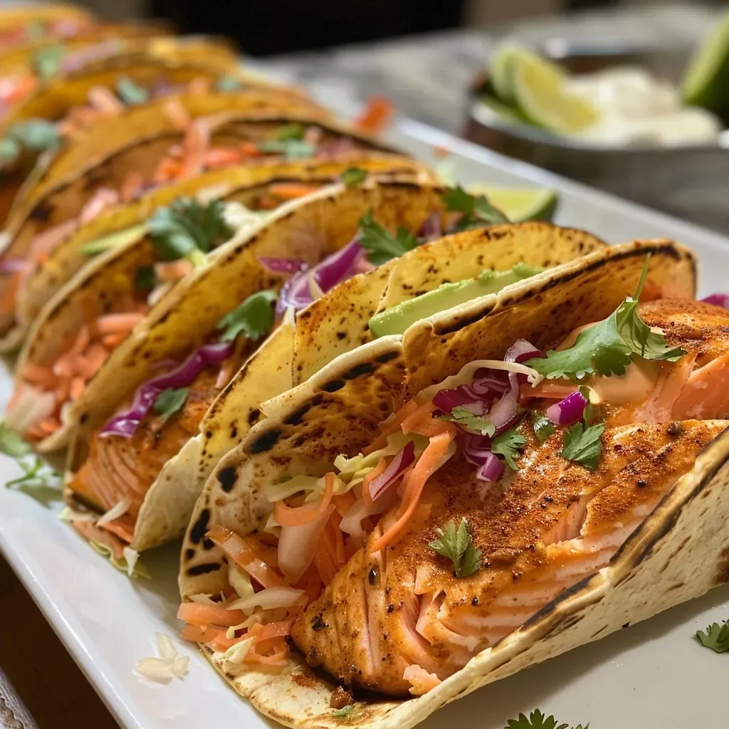 ['Close-up of juicy salmon tacos garnished with cabbage and cilantro.', 'Side view of colorful salmon tacos with lime wedges and avocado slices.', 'Delicious salmon tacos filled with fresh ingredients and served on tortillas.', 'Appetizing salmon tacos showcasing vibrant toppings and a slice of lime.']