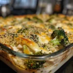 ['Close-up view of a savory broccoli quinoa bake with melted cheese on top.', 'Side view of a delicious quinoa bake featuring broccoli and chicken, garnished with cheese.', 'Juicy broccoli and quinoa casserole served in a dish, showing layers of cheese and vegetables.', 'Savory bake showcasing cooked quinoa, broccoli, and chicken, with a golden cheese layer.']