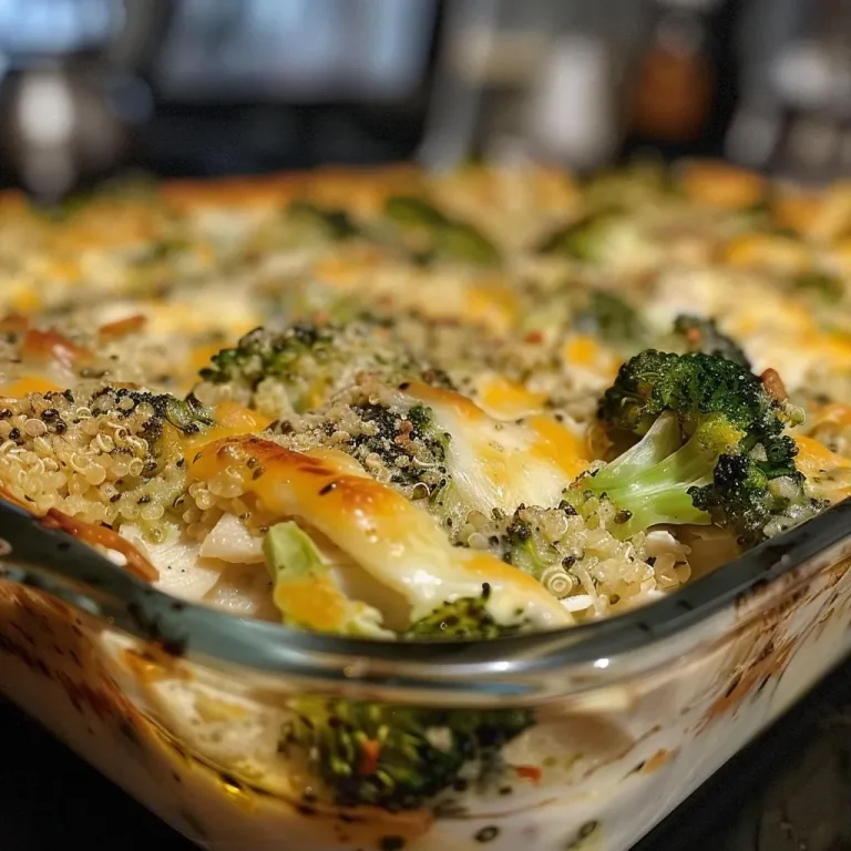['Close-up view of a savory broccoli quinoa bake with melted cheese on top.', 'Side view of a delicious quinoa bake featuring broccoli and chicken, garnished with cheese.', 'Juicy broccoli and quinoa casserole served in a dish, showing layers of cheese and vegetables.', 'Savory bake showcasing cooked quinoa, broccoli, and chicken, with a golden cheese layer.']