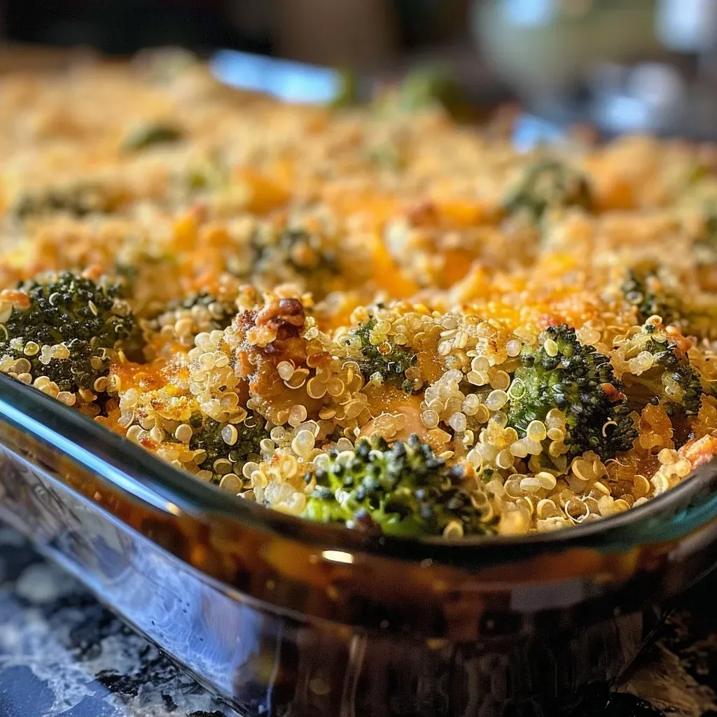 ['Close-up view of a savory broccoli quinoa bake with melted cheese on top.', 'Side view of a delicious quinoa bake featuring broccoli and chicken, garnished with cheese.', 'Juicy broccoli and quinoa casserole served in a dish, showing layers of cheese and vegetables.', 'Savory bake showcasing cooked quinoa, broccoli, and chicken, with a golden cheese layer.']