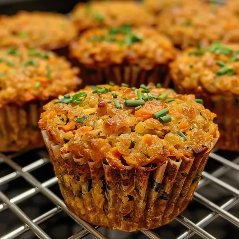 ['Close-up side view of a golden brown savory lentil muffin with visible chives.', 'Juicy savory lentil muffin showing a textured surface and flecks of carrot and herbs.', 'A side angle of a freshly baked lentil muffin, showcasing its moist interior and crispy top.', 'Close-up of a savory lentil muffin revealing its rich colors and ingredients like lentils and spices.']