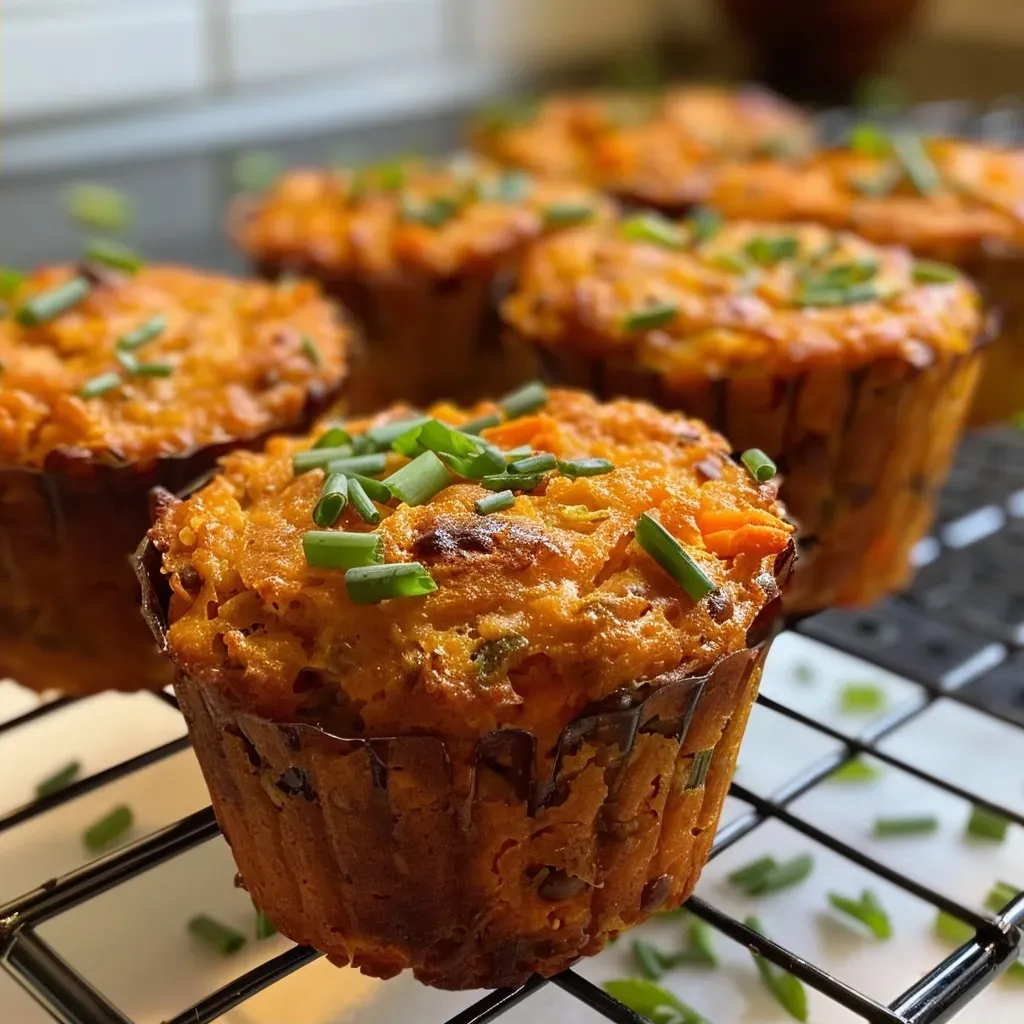 ['Close-up side view of a golden brown savory lentil muffin with visible chives.', 'Juicy savory lentil muffin showing a textured surface and flecks of carrot and herbs.', 'A side angle of a freshly baked lentil muffin, showcasing its moist interior and crispy top.', 'Close-up of a savory lentil muffin revealing its rich colors and ingredients like lentils and spices.']