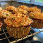 ['Close-up of savory tuna muffins showcasing a golden-brown exterior and visible ingredients.', 'Side view of freshly baked tuna muffins with a moist texture and colorful vegetable bits.', 'Juicy tuna muffins displayed on a plate, highlighting the chunks of tuna and vegetables.', 'Delicious tuna muffins with a crispy top and bits of red capsicum and zucchini peeking through.']
