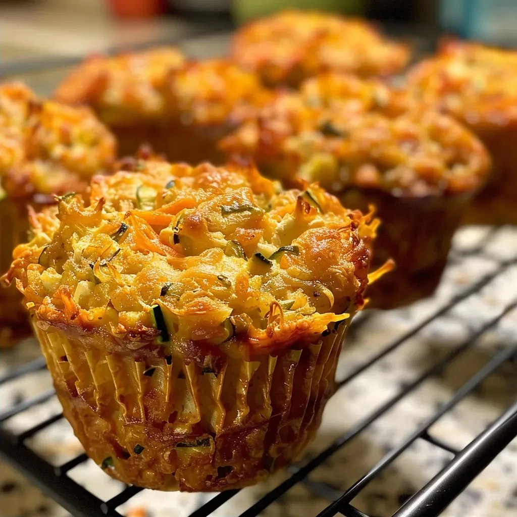 ['Close-up of savory tuna muffins showcasing a golden-brown exterior and visible ingredients.', 'Side view of freshly baked tuna muffins with a moist texture and colorful vegetable bits.', 'Juicy tuna muffins displayed on a plate, highlighting the chunks of tuna and vegetables.', 'Delicious tuna muffins with a crispy top and bits of red capsicum and zucchini peeking through.']
