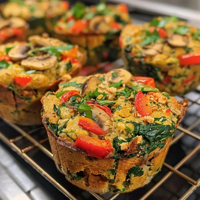 ['Close-up side view of golden-brown savory vegan chickpea muffins on a white plate.', 'Juicy and fluffy savory vegan chickpea muffins with visible ingredients like red bell pepper and spinach.', 'Savory vegan chickpea muffins displaying a rich texture and vibrant colors from vegetables.', 'Side view of freshly baked savory vegan chickpea muffins highlighting their moist interior and crispy top.']