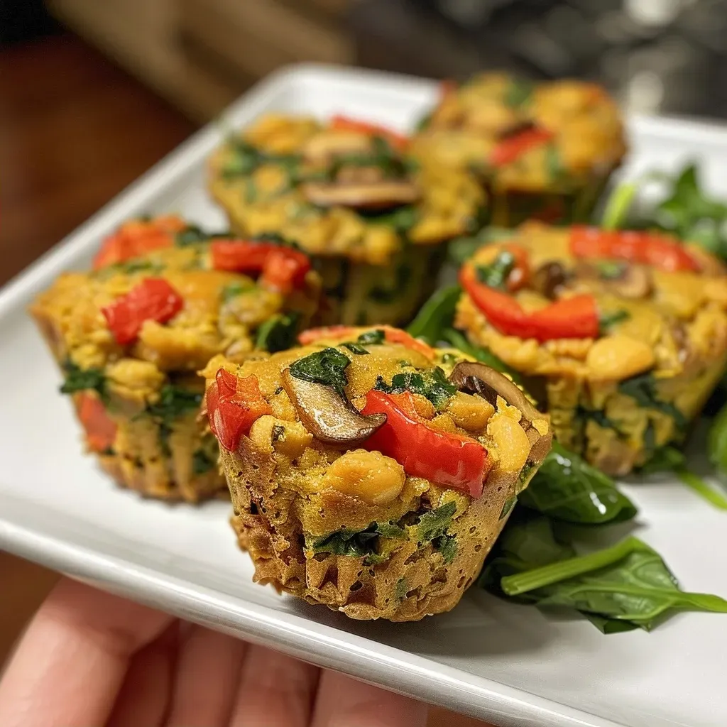['Close-up side view of golden-brown savory vegan chickpea muffins on a white plate.', 'Juicy and fluffy savory vegan chickpea muffins with visible ingredients like red bell pepper and spinach.', 'Savory vegan chickpea muffins displaying a rich texture and vibrant colors from vegetables.', 'Side view of freshly baked savory vegan chickpea muffins highlighting their moist interior and crispy top.']