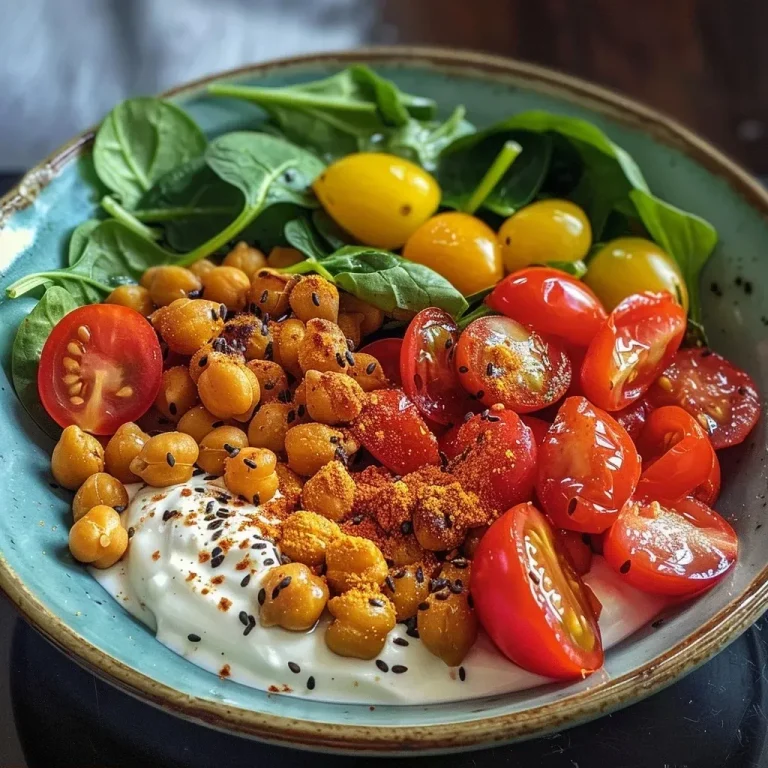 ['A close-up side view of a savory yogurt parfait topped with spicy roasted chickpeas and colorful vegetables.', 'A delicious layered yogurt parfait featuring Greek yogurt, roasted chickpeas, spinach, and sliced tomatoes.', 'A vibrant yogurt parfait with roasted chickpeas, spinach, and cherry tomatoes, captured from the side.', 'A detailed look at a yogurt parfait, showcasing spicy roasted chickpeas and fresh ingredients in a clear glass.']