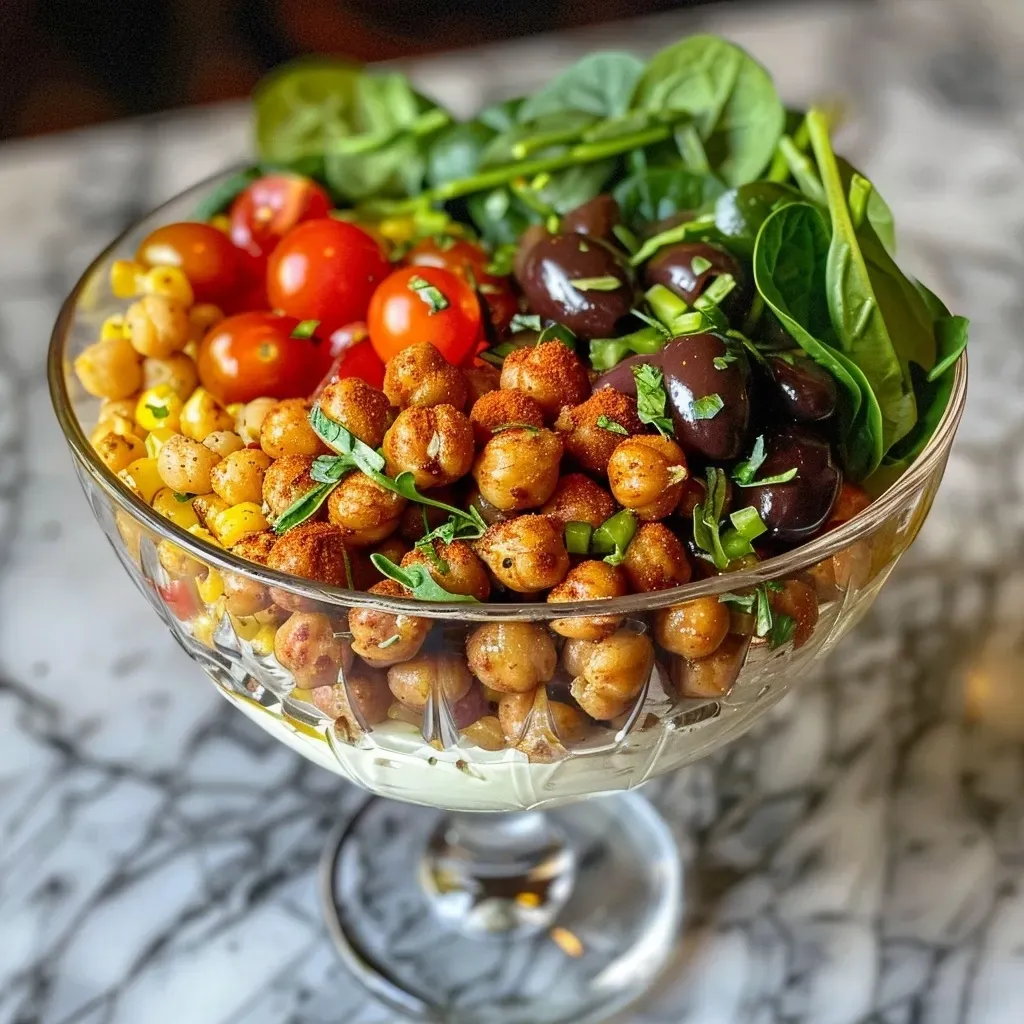 ['A close-up side view of a savory yogurt parfait topped with spicy roasted chickpeas and colorful vegetables.', 'A delicious layered yogurt parfait featuring Greek yogurt, roasted chickpeas, spinach, and sliced tomatoes.', 'A vibrant yogurt parfait with roasted chickpeas, spinach, and cherry tomatoes, captured from the side.', 'A detailed look at a yogurt parfait, showcasing spicy roasted chickpeas and fresh ingredients in a clear glass.']